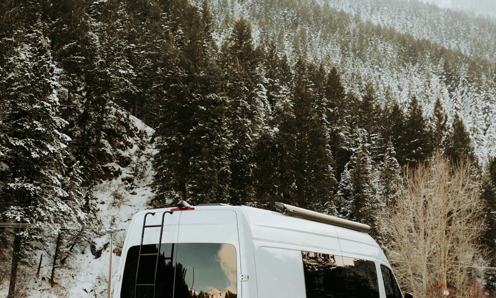White passenger shuttle van parked by a snowy pine forest