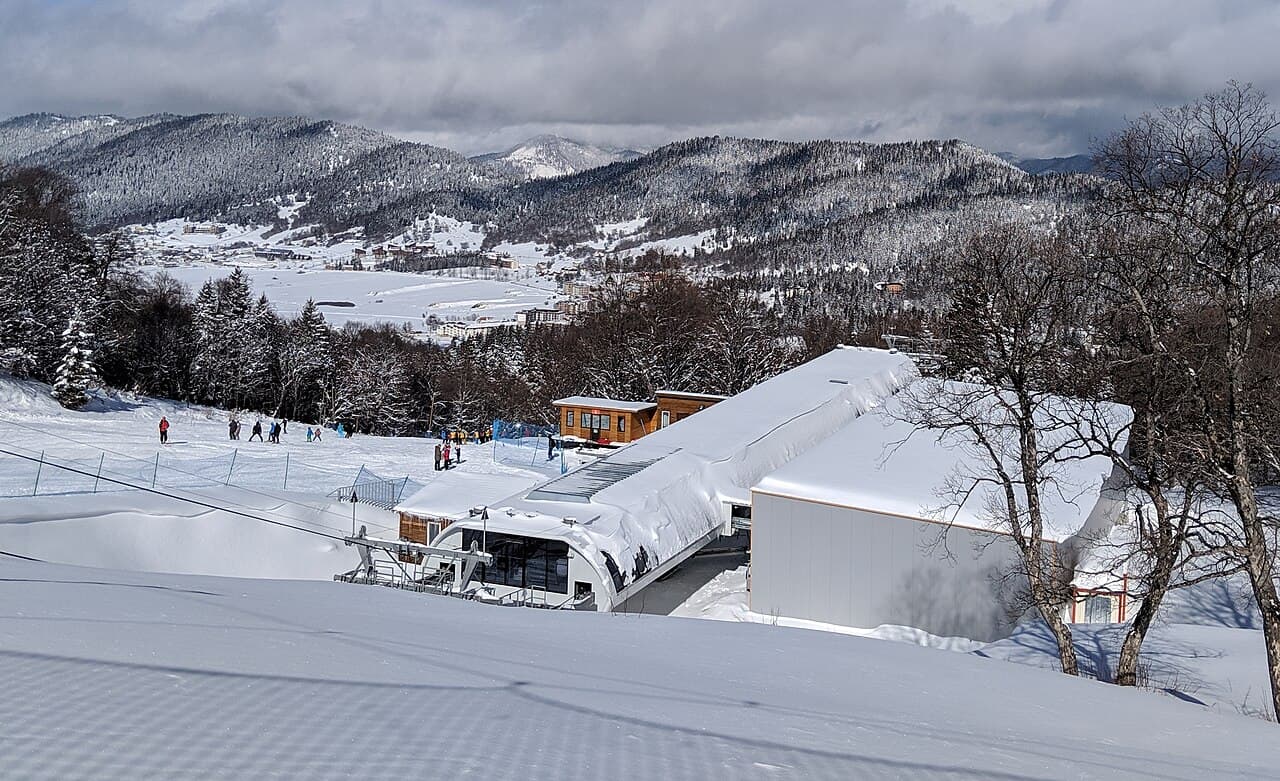 Lift station and snowy pistes at Bakuriani ski resort